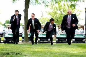 The groomsmen acting crazy before having to behave the rest of the day.